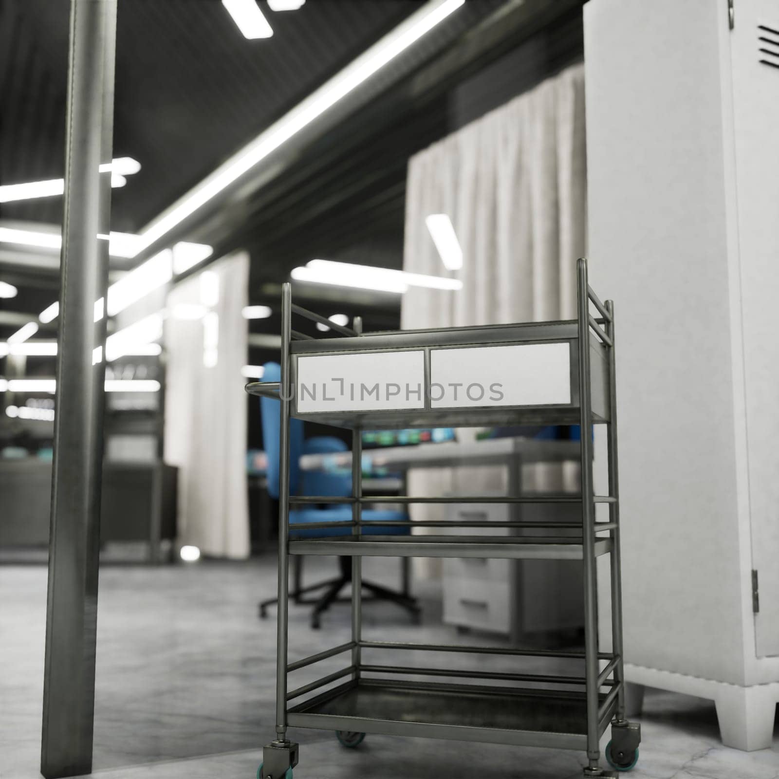 Sterile hospital lab with metal supply cart on wheels in organized clinical space. Advanced medical technology lab with with metallic sterile equipment storage, 3D render
