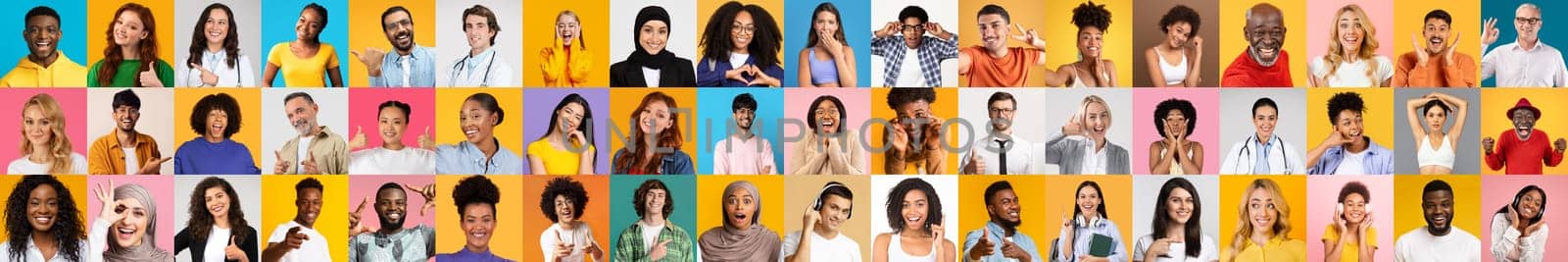 A vibrant collage features a diverse group of individuals expressing various emotions. Each person represents different backgrounds, celebrating unity and diversity in a colorful setting.