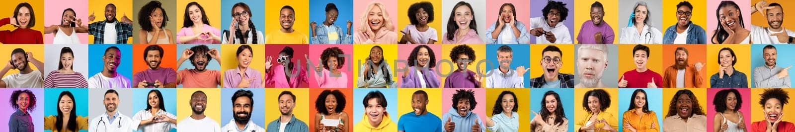 A lively collection of portraits showcases a diverse group of people, each displaying unique expressions that capture joy and togetherness against colorful backgrounds, celebrating cultural richness.