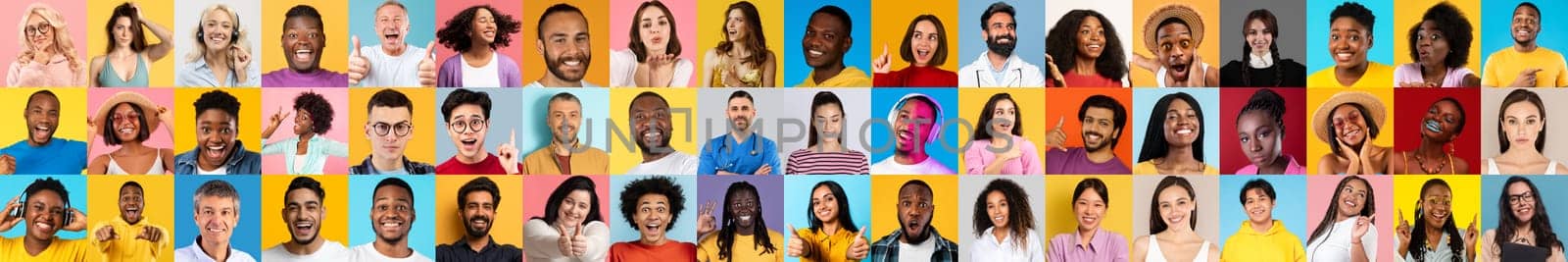 This collection showcases a vibrant collage of diverse faces, featuring people of various backgrounds smiling and expressing happiness. Each portrait highlights inclusivity.