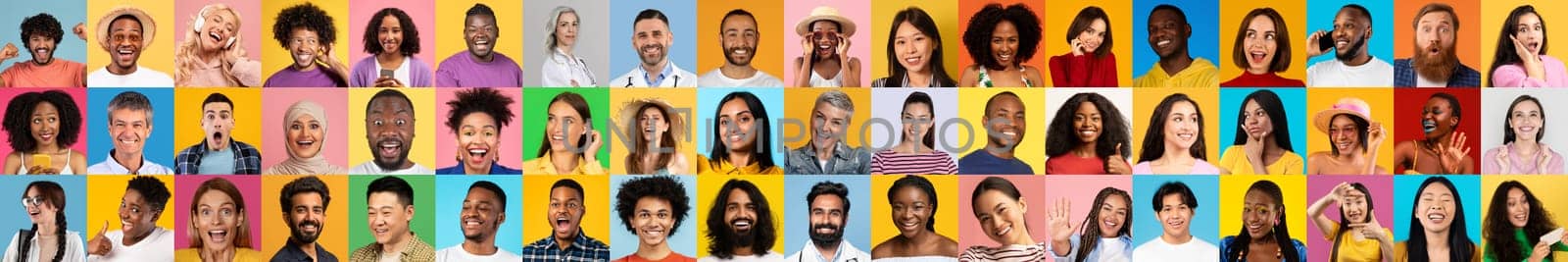 A vibrant collage captures diverse individuals from different backgrounds, each smiling brightly against colorful backgrounds. This collection showcases the beauty of diversity and unity.