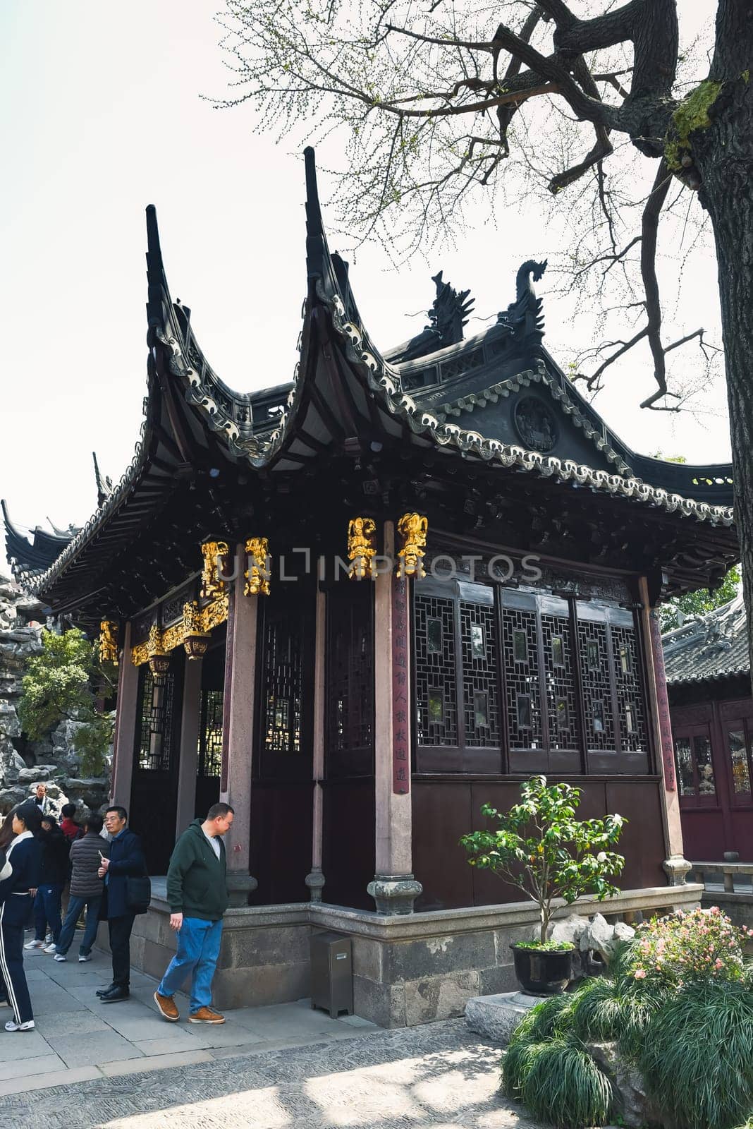 Shanghai, China – 1 April 2025: Tourists visit Dianchun Hall in Yuyuan Garden, a Ming-era pavilion reflecting traditional Chinese architecture and cultural heritage