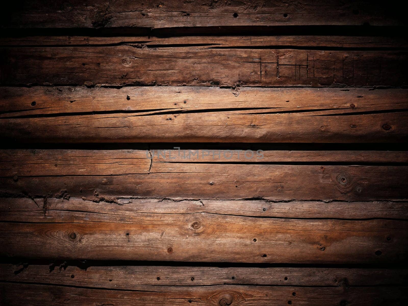 Horizontal rustic wooden planks showcase natural grain and shadows, creating a warm and inviting backdrop. Generative AI.