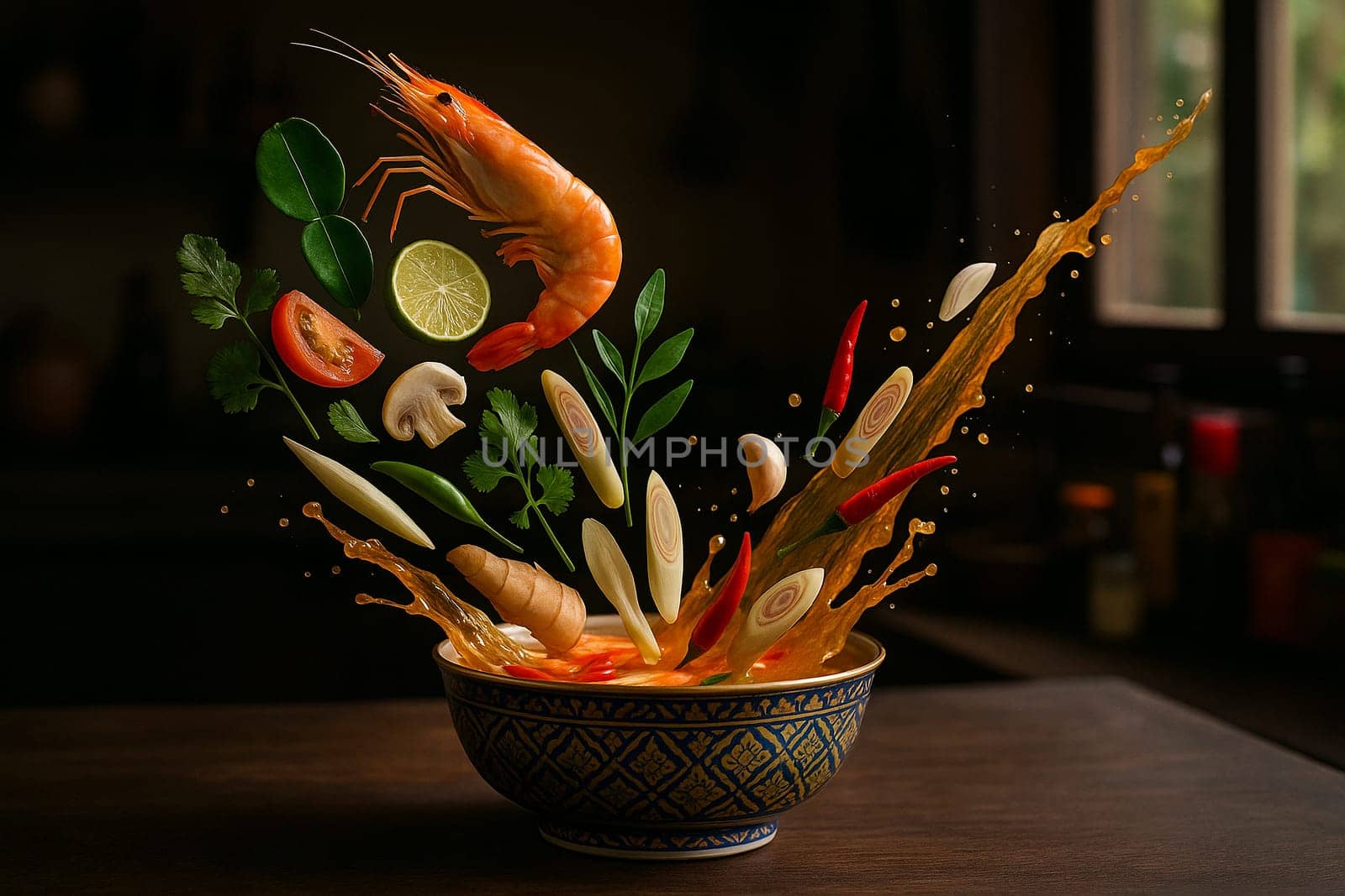 AI generated vibrant tom yum goong Thai soup ingredients and spices falling into traditional Thai patterned bowl aromatic herbs spicy sour soup Asian cuisine cooking fresh healthy authentic
