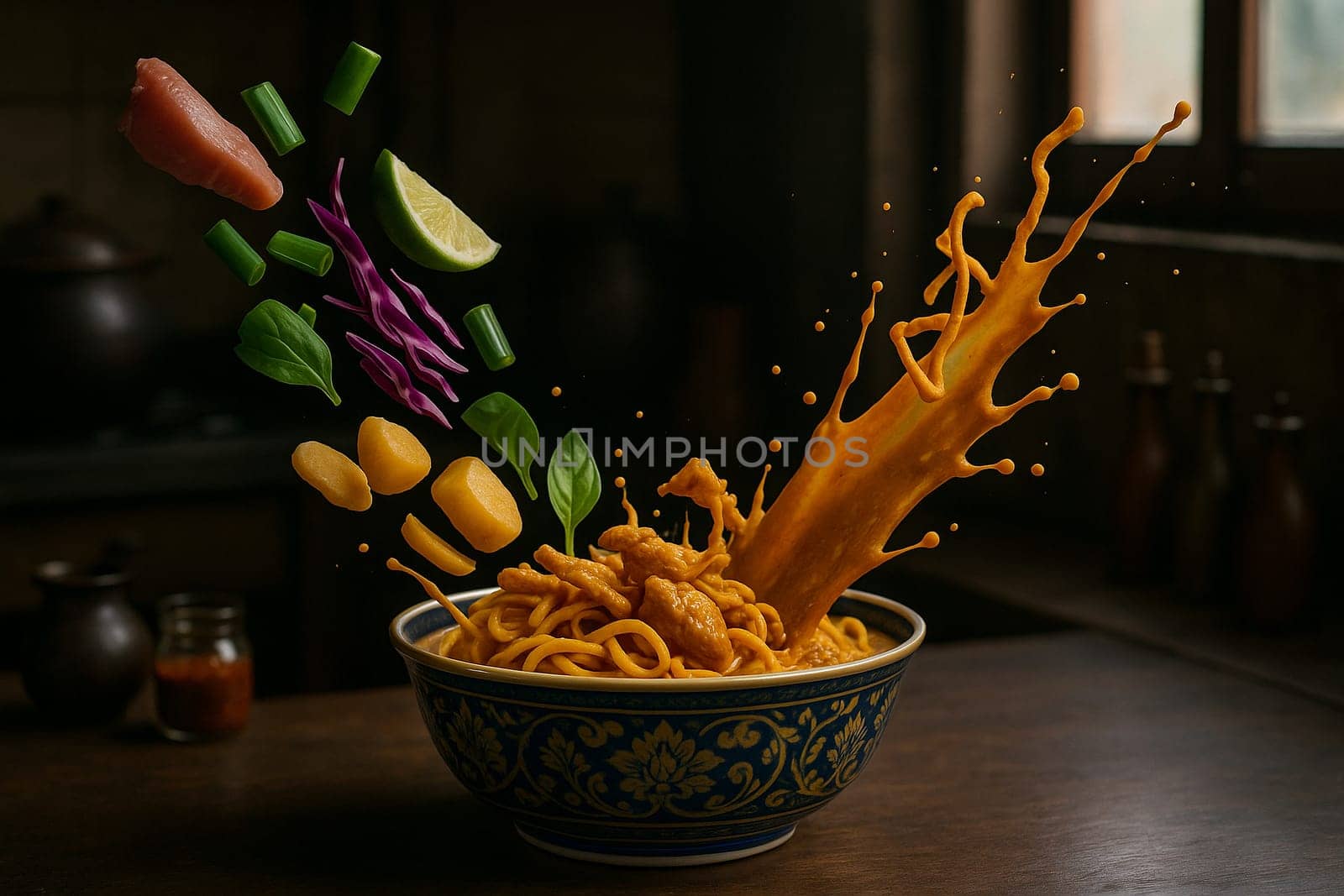 AI generated northern thai khao soi curry noodles with fresh ingredients and aromatic spices falling into ornate thai bowl rich coconut curry broth crispy noodles authentic