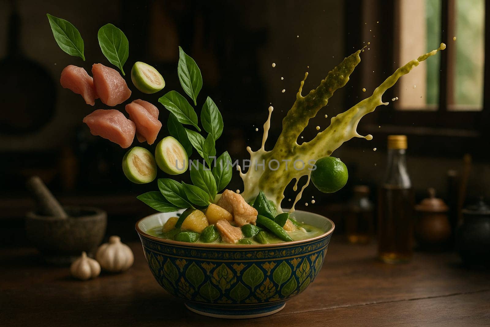 AI generated vibrant thai green curry with fresh ingredients and aromatic herbs falling into ornate thai bowl spicy coconut milk rich flavor asian cuisine authentic cooking