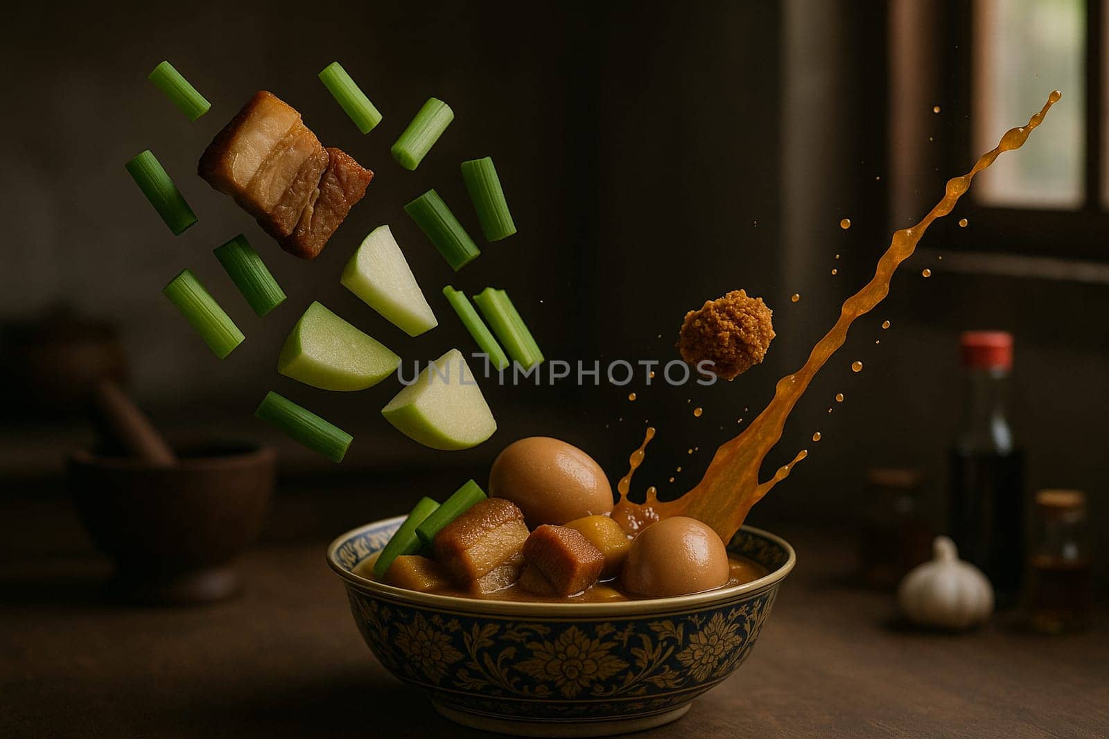 AI generated aromatic thai braised eggs stew with five-spice ingredients falling into ornate thai bowl rich savory broth herbal fragrance comfort food asian home cooking