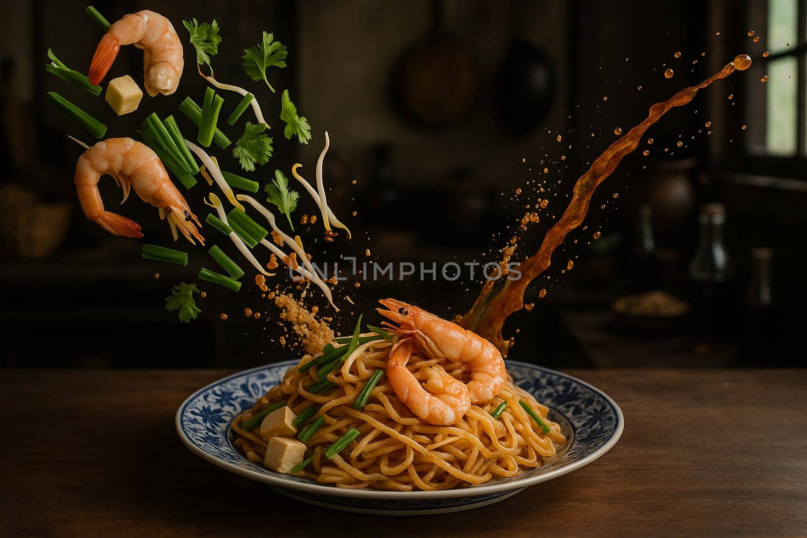 AI generated authentic thai pad thai with fresh shrimp and vibrant ingredients falling into ornate thai bowl stir fried noodles sweet savory tamarind sauce street food