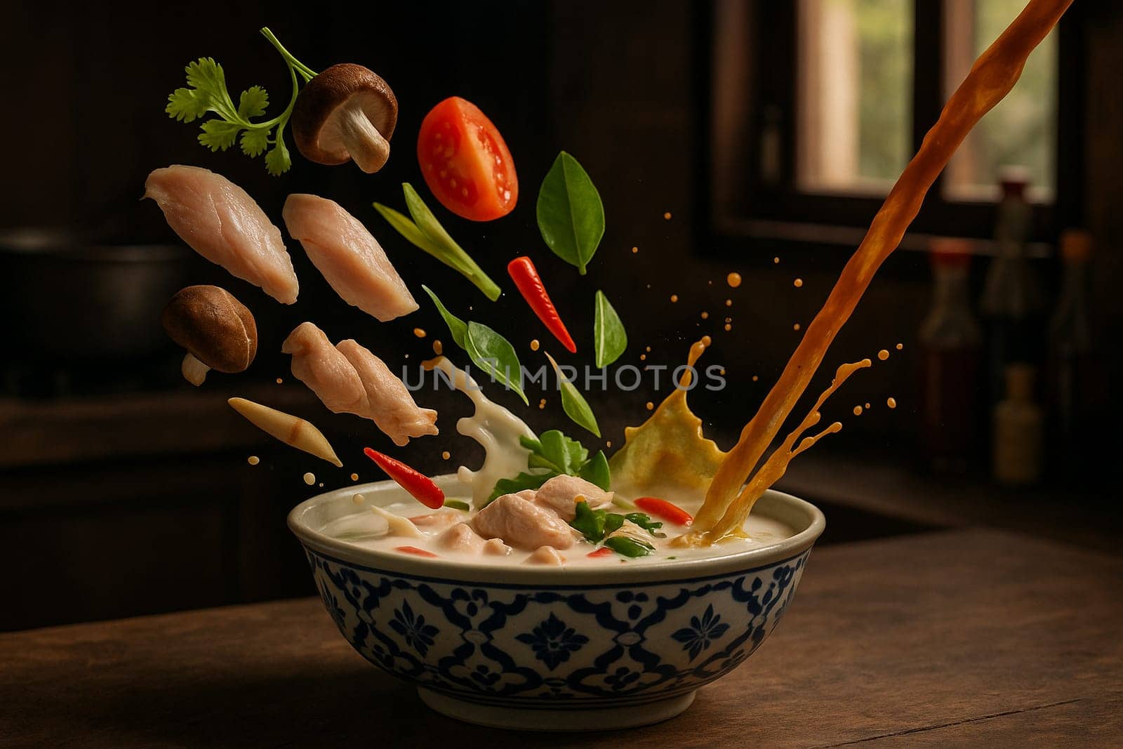 AI generated aromatic thai tom kha gai soup with chicken and fresh ingredients falling into ornate thai bowl creamy coconut milk galangal lemongrass herbal comfort food