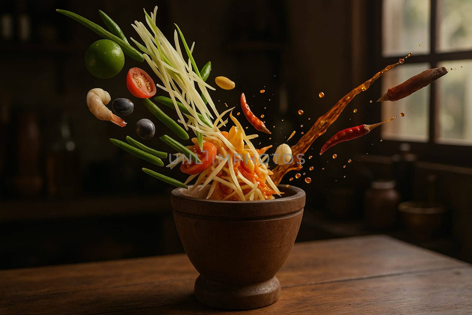 AI generated fresh thai som tum papaya salad ingredients falling into wooden mortar vibrant spicy sour sweet flavors authentic street food healthy crunchy texture