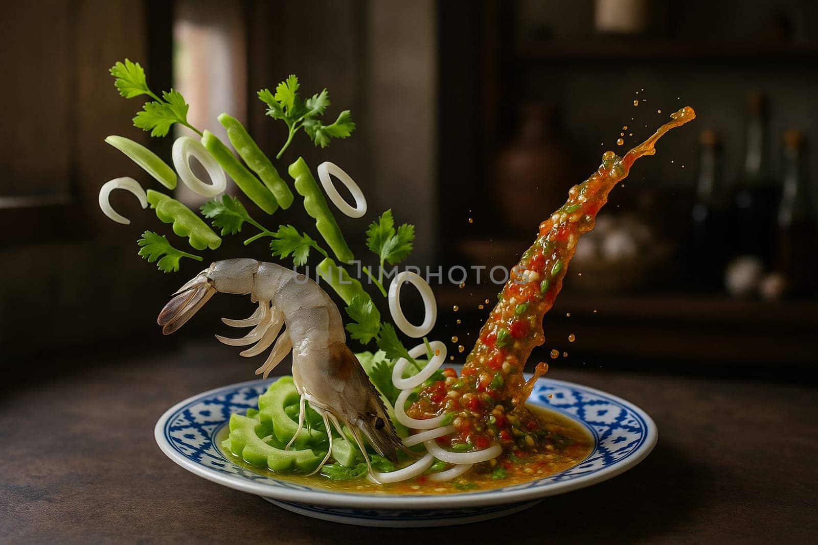 AI generated authentic thai goong chae nam pla featuring fresh shrimp and ingredients falling into ornate thai bowl zesty lime garlic chili fish sauce dressing