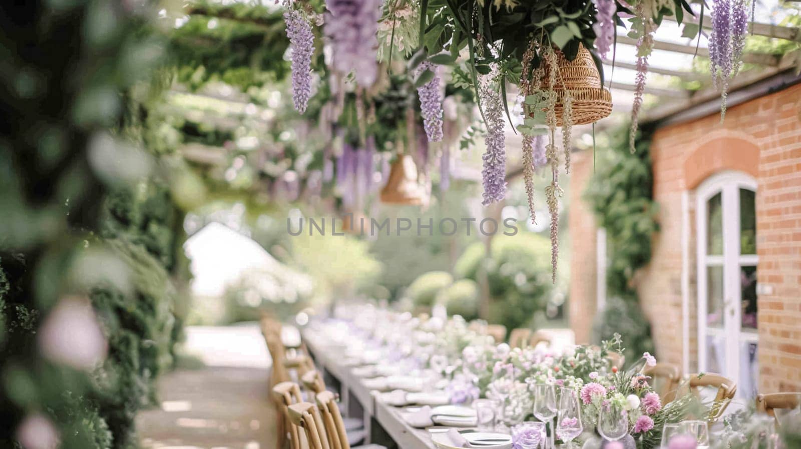 Elegant outdoor dining table set for a celebration in a beautiful garden with a historic building backdrop and purple lavender bushes.