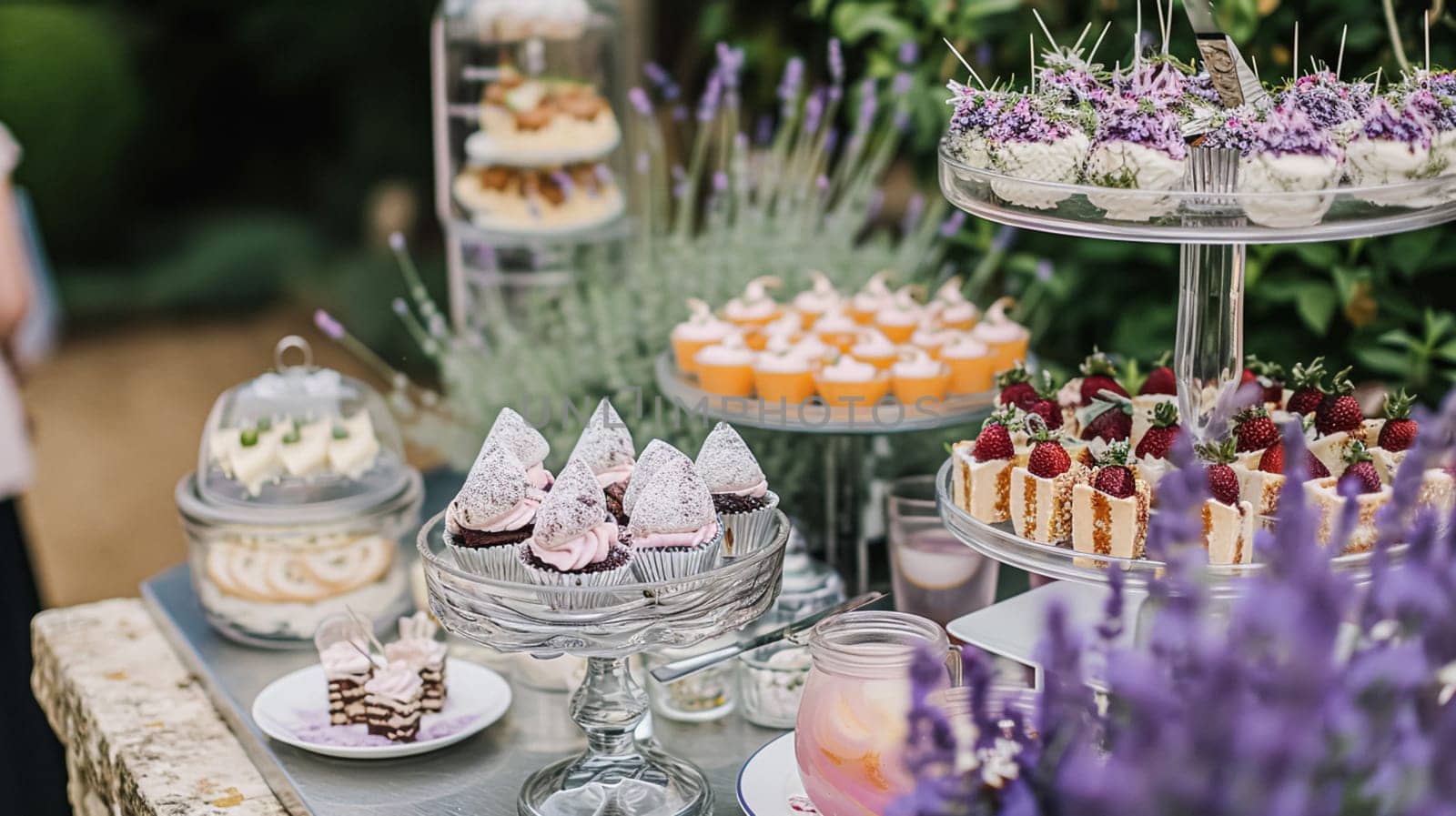 Outdoor wedding buffet table with lavender and a variety of dishes.