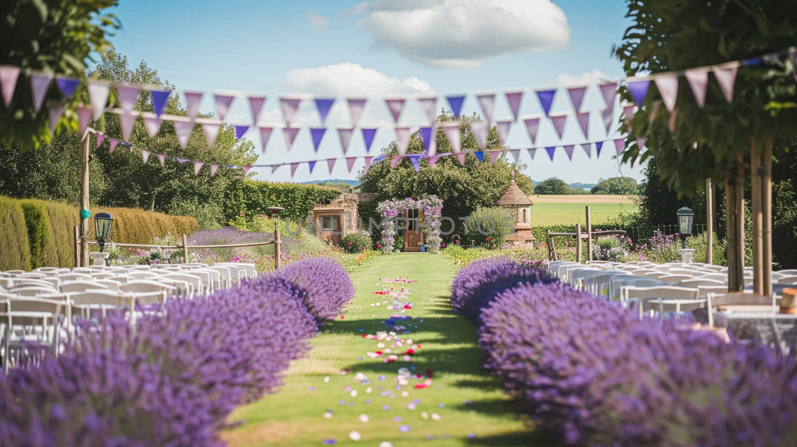 Aisle with wooden chairs and purple lavender floral decorations at an outdoor wedding ceremony in the garden