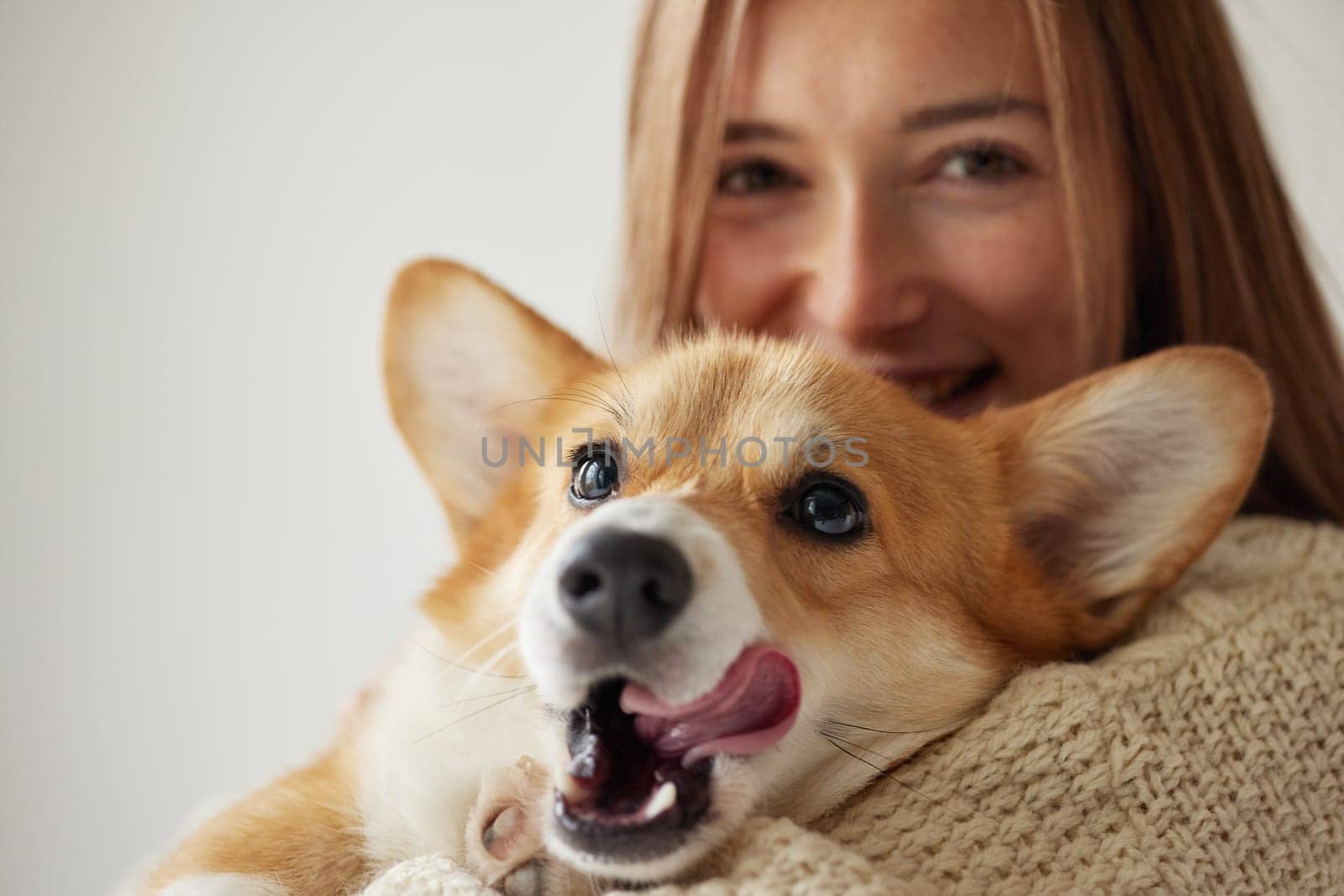 Happy woman hugging playful Corgi dog, dog licking nose, cozy moment of joy and love, indoors, close up.