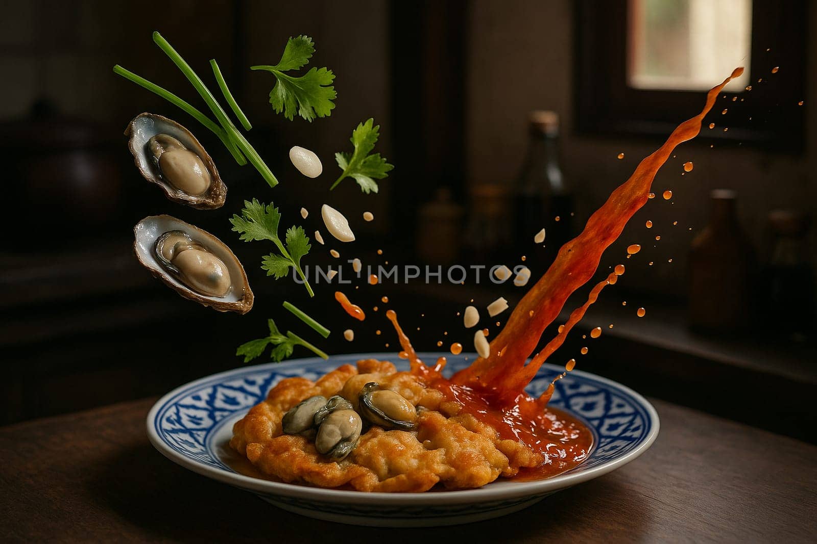 AI generated crispy thai hoy tod mussel pancake with fresh ingredients falling into ornate thai bowl golden crunchy texture savory seafood street food authentic flavor