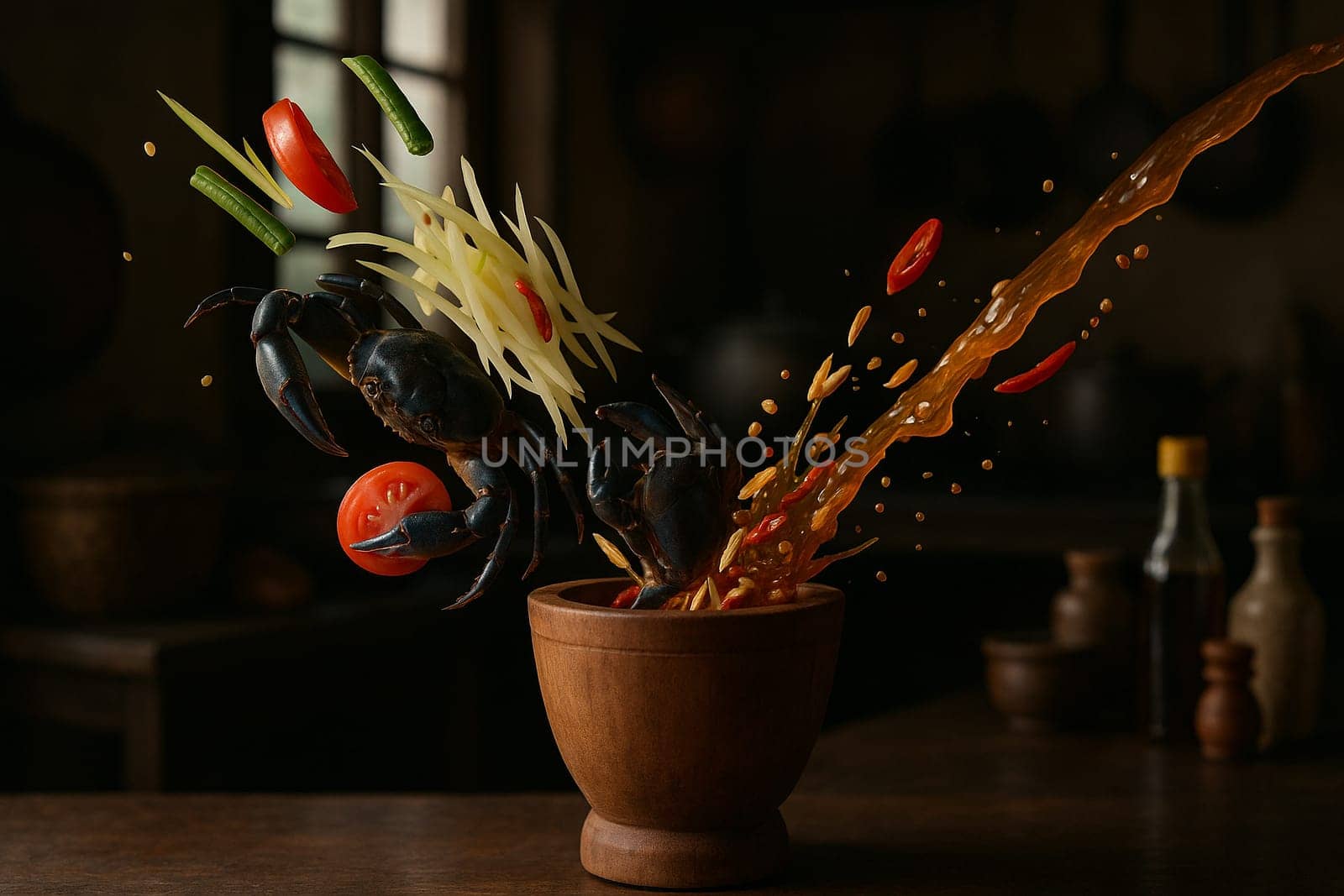 AI generated authentic thai som tum pu spicy crab papaya salad with fresh ingredients falling into wooden mortar bold flavors crunchy texture iconic street food
