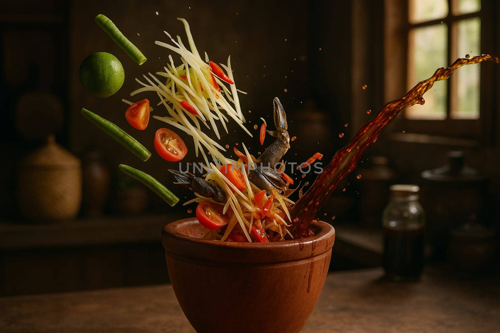 AI generated authentic thai som tum pla ra spicy papaya salad with fermented fish sauce ingredients falling into wooden mortar bold umami flavor iconic street food