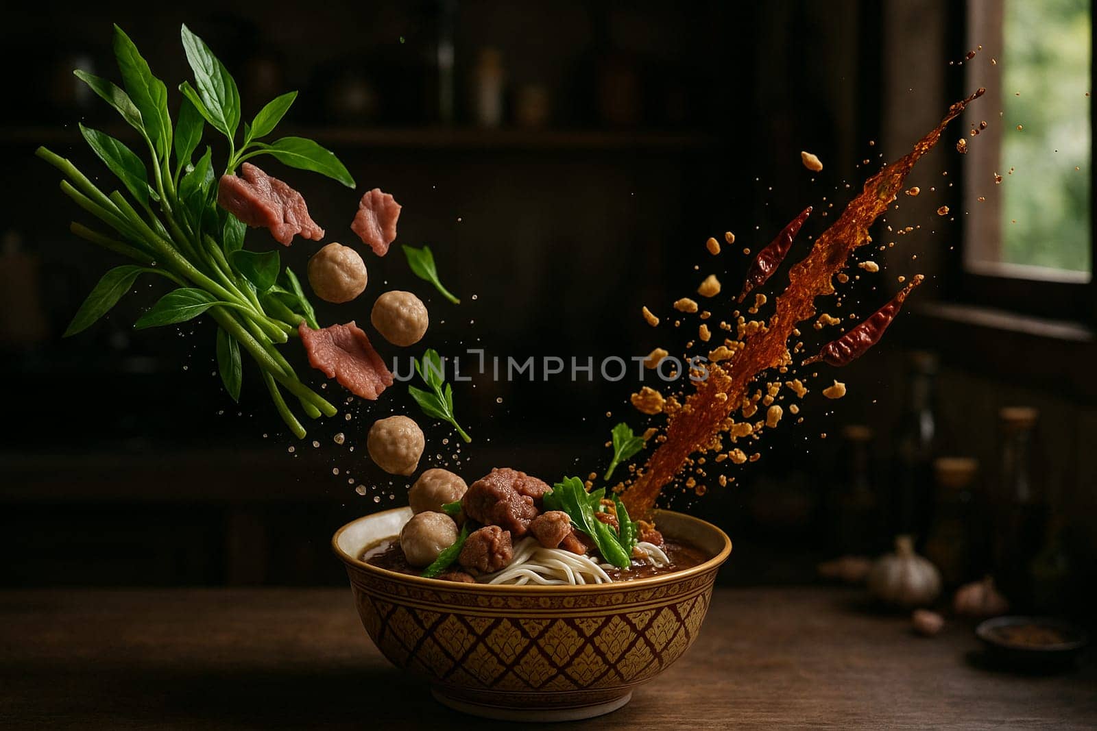 AI generated rich thai boat noodles with fresh ingredients falling into ornate thai bowl dark aromatic broth pork blood rice noodles authentic street food