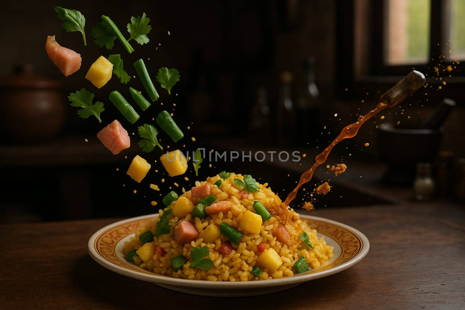 AI generated vibrant thai pineapple fried rice with fresh ingredients falling into ornate thai bowl sweet savory flavors colorful presentation tropical fruits cashew nuts