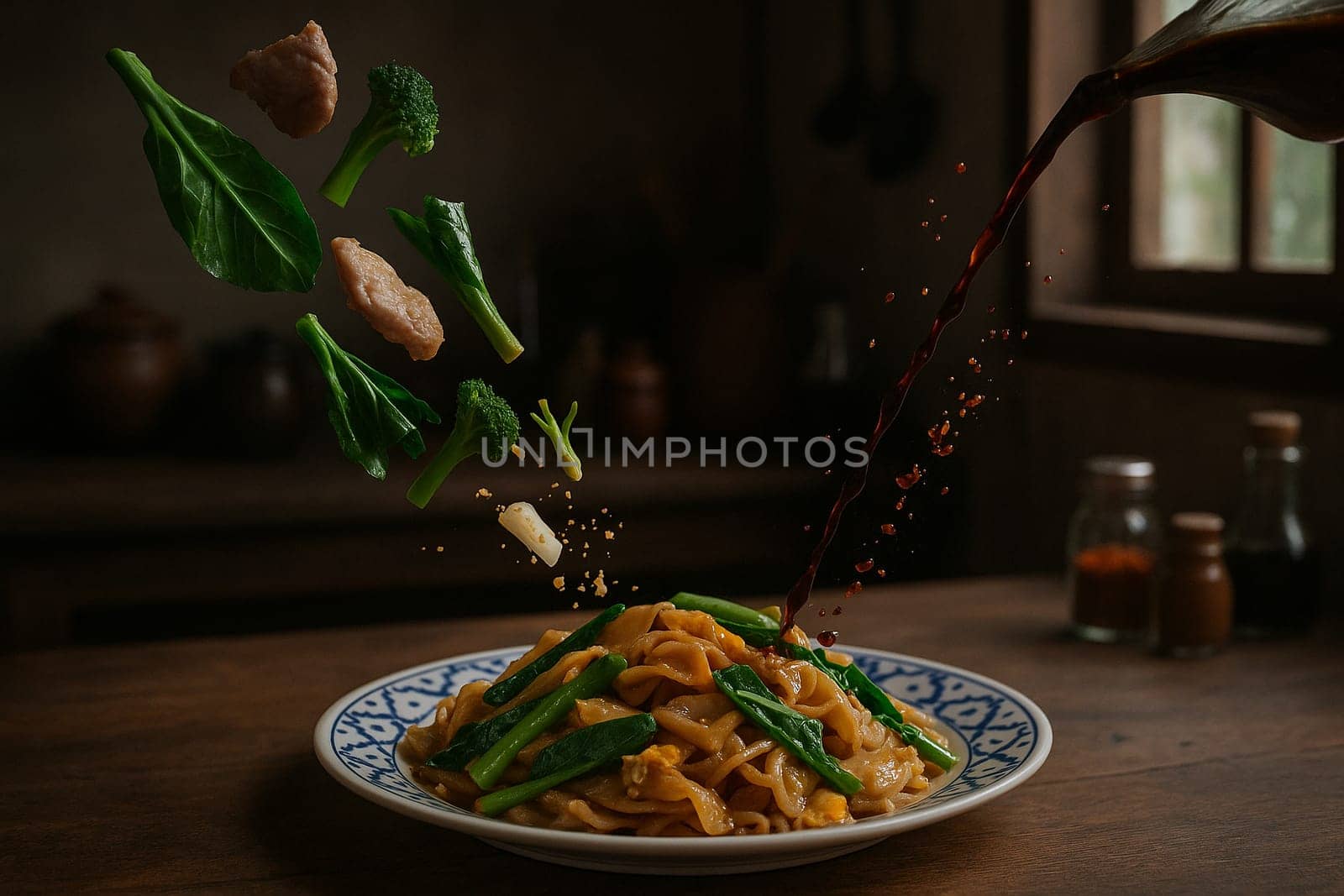 AI generated savory thai pad see ew stir fry with fresh ingredients falling into ornate thai bowl wide rice noodles dark soy sauce chinese broccoli comfort food