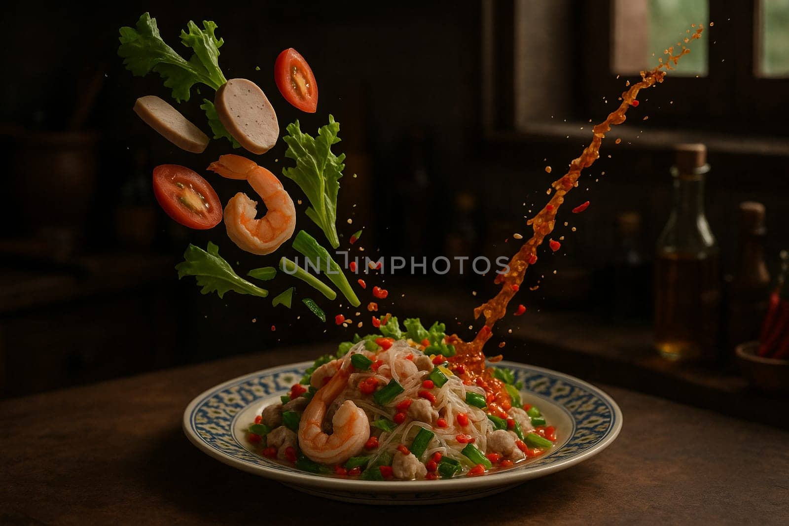 AI generated zesty thai yum woon sen glass noodle salad with fresh ingredients falling into ornate thai bowl tangy spicy dressing herbs seafood vibrant colors