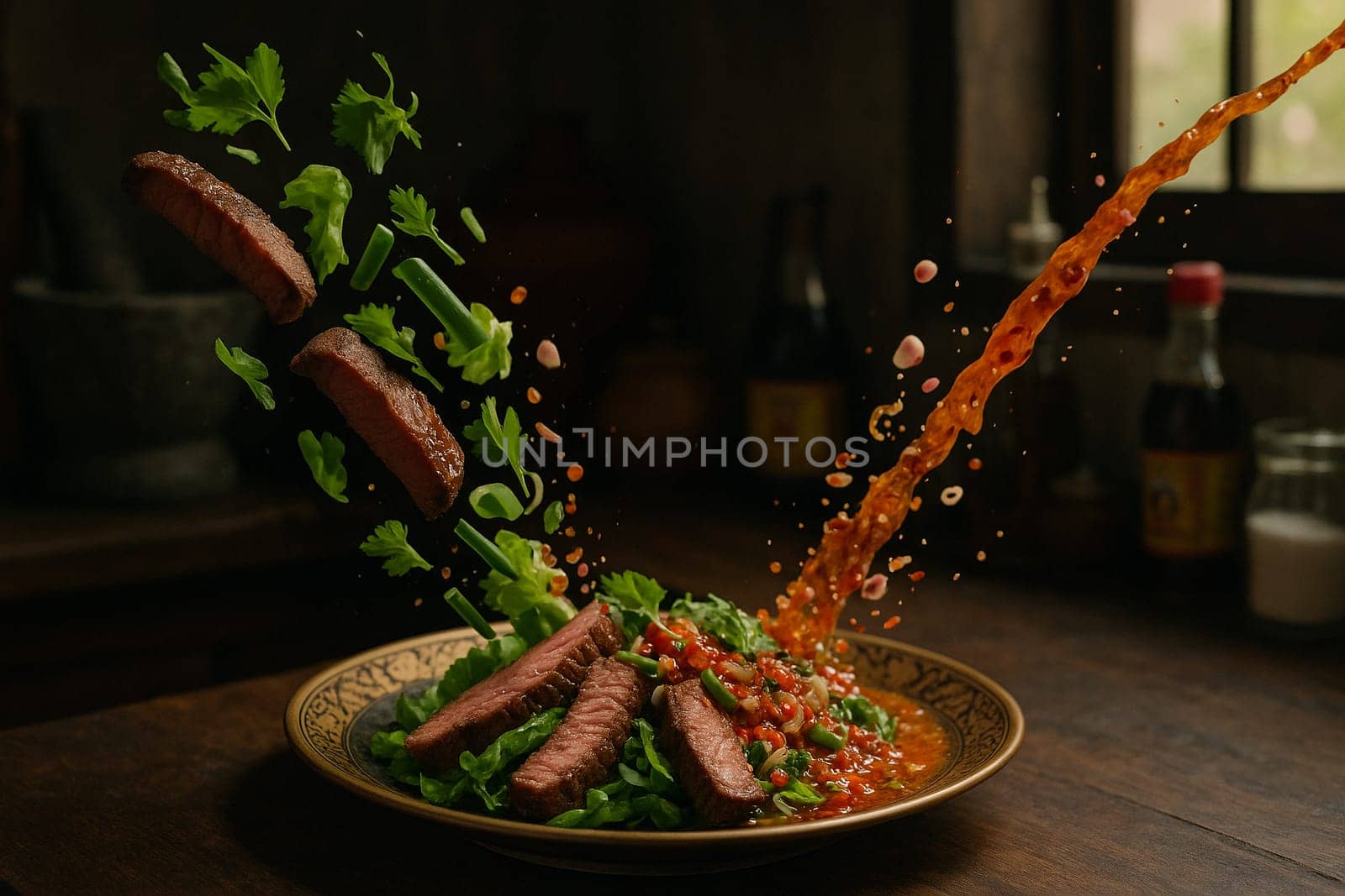 AI generated smoky thai sue rong hai grilled beef with fresh ingredients falling into ornate thai bowl juicy marinated steak spicy dipping sauce aromatic herbs