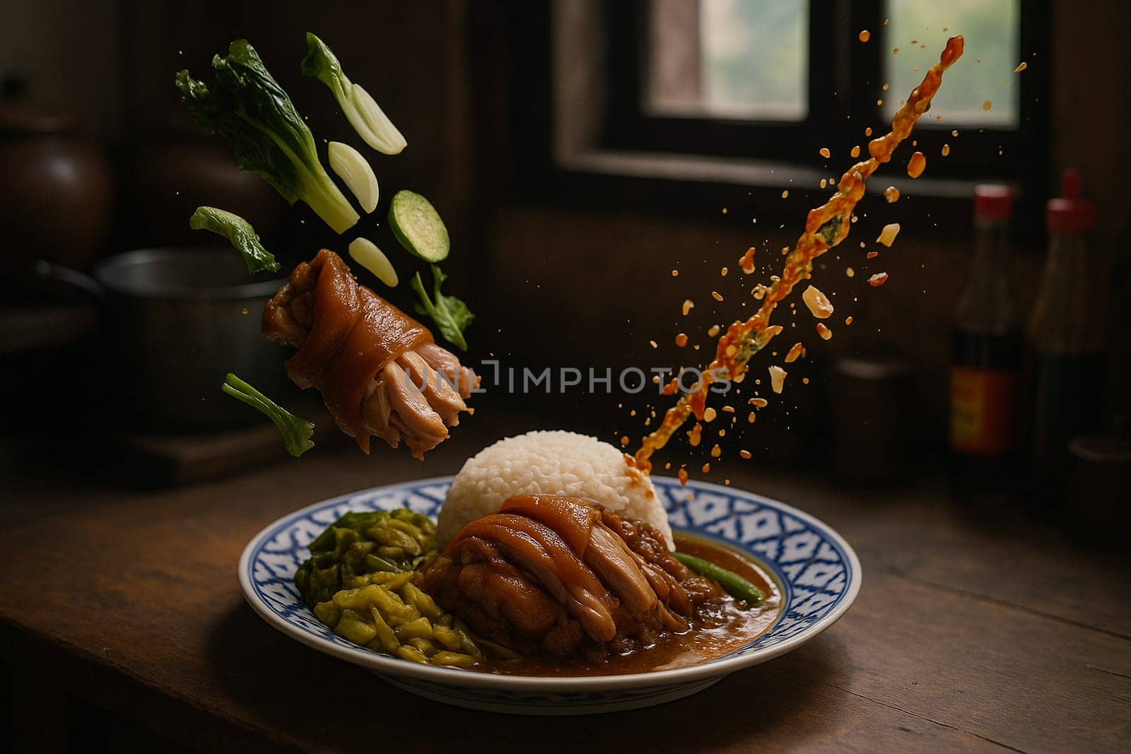AI generated rich thai khao kha moo with tender braised pork leg and ingredients falling into ornate thai bowl savory five-spice broth melt-in-mouth texture