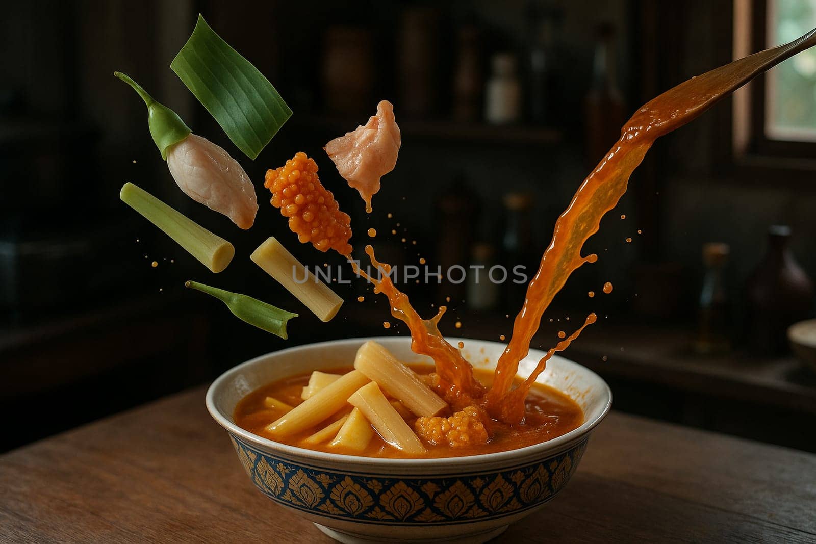 AI generated tangy thai kaeng som nor mai pla riu kiu with fresh ingredients falling into ornate thai bowl fermented fish bamboo shoots spicy herbal broth