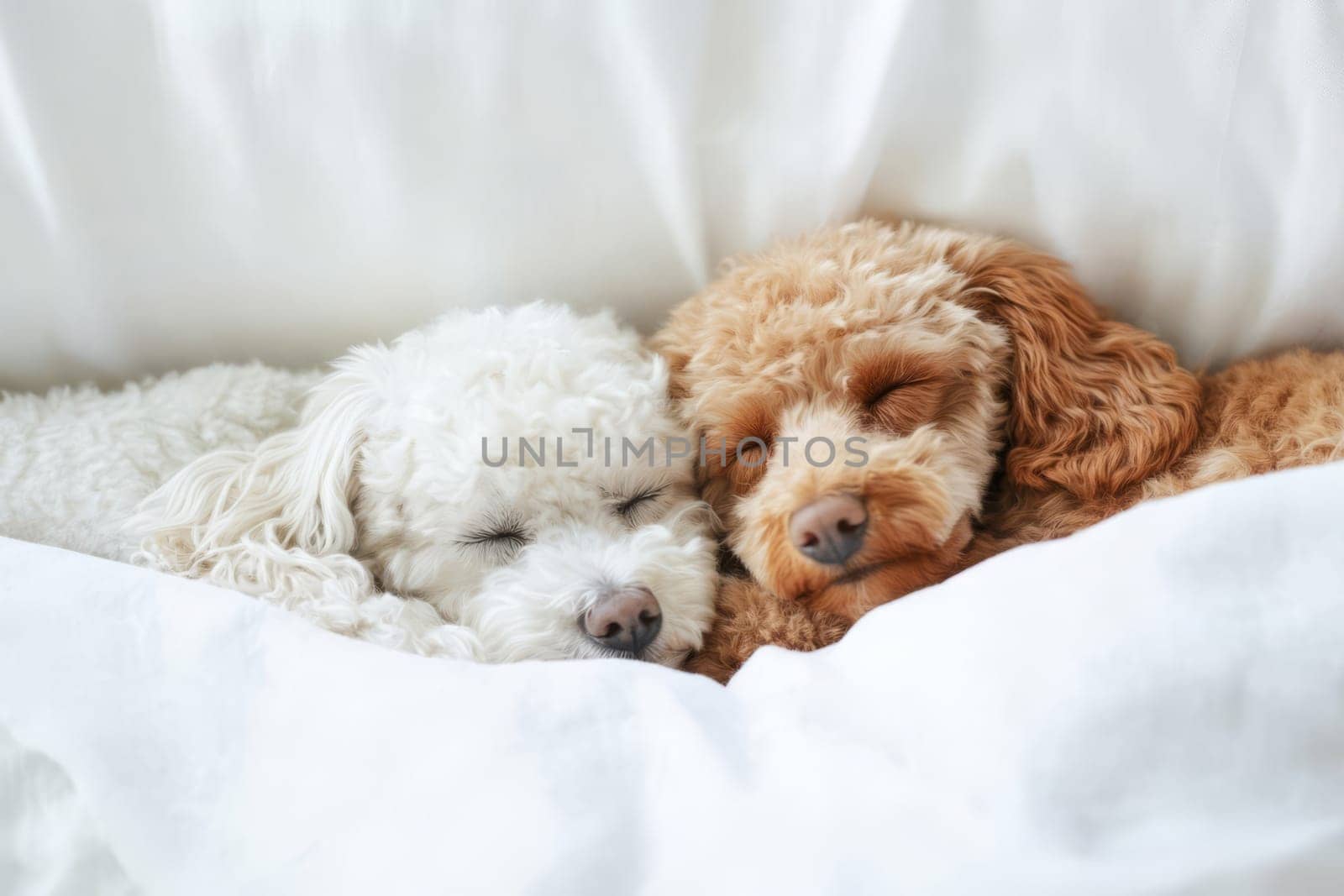 Brown and white poodles sleeping on pillow and under white blanket