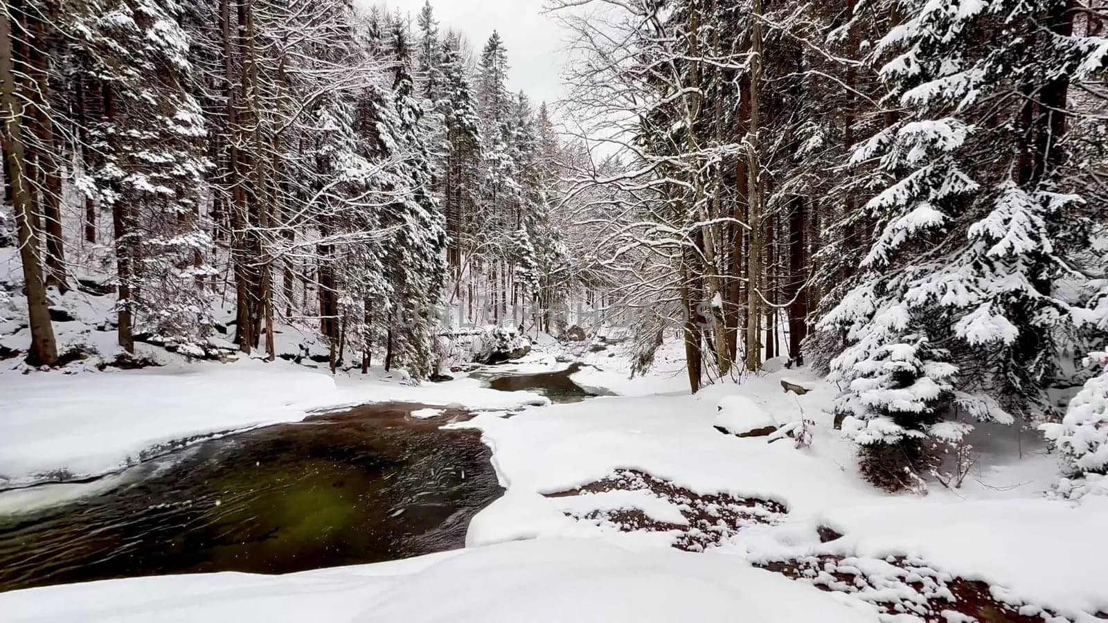 A beautifully serene winter landscape showcasing a snowladen forest accompanied by a gently flowing stream