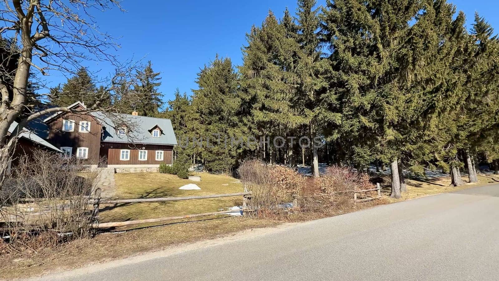 A charming, picturesque home is wonderfully nestled amidst tall, green trees under a bright, clear blue sky