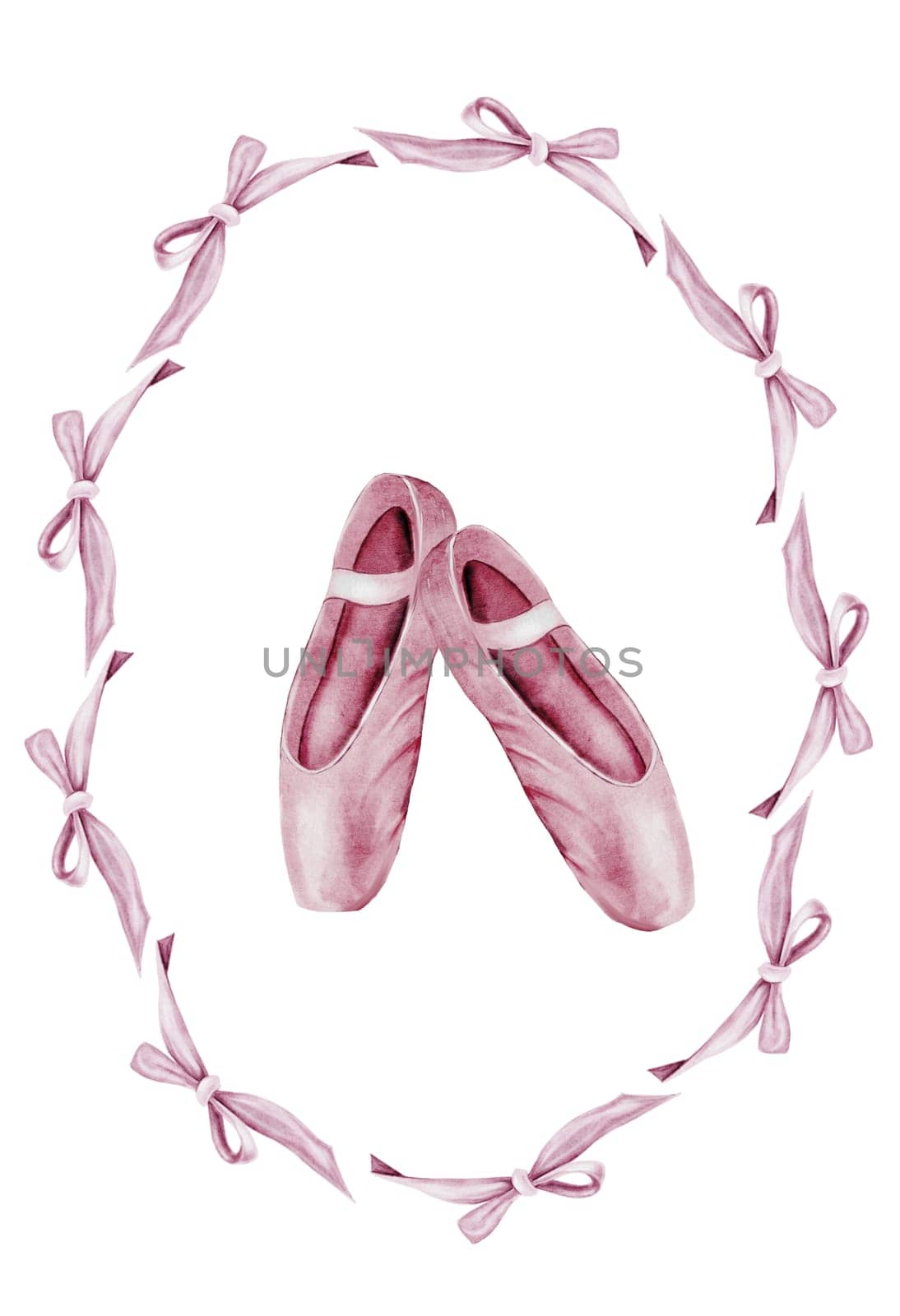 Pointe shoes watercolor. Hand drawn pink ballerina accessories postcard on isolated white background. Clip art of elegant satin ballet shoes with space for name inscription. Ideal card for ballet and dance and posters. High quality illustration