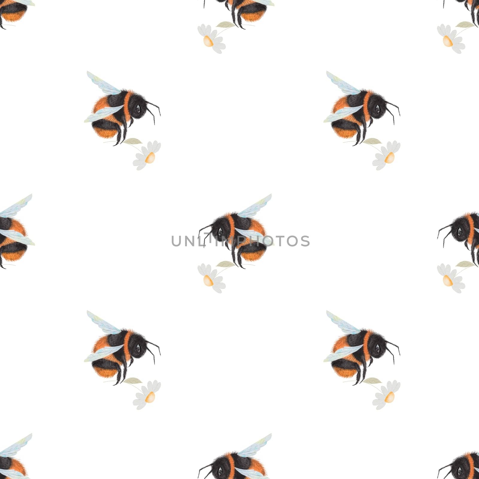 Bumblebee watercolor seamless pattern. Hand drawn bee with a flower on isolated white background. Clip art of garden insect. Ideal for honey package, textile and natural cosmetics and food. High quality illustration