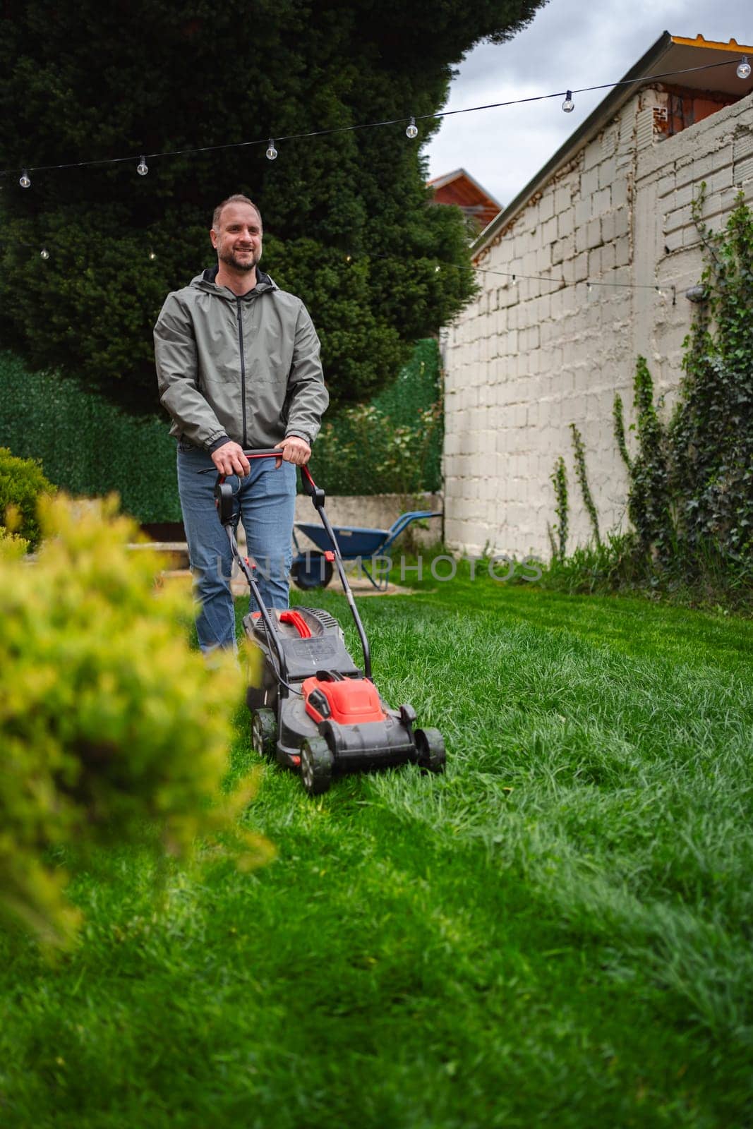 A man is carefully mowing his vibrant green lawn, showcasing neat lines across the grass. The garden is surrounded by a hedge and tall trees, creating a serene suburban atmosphere.