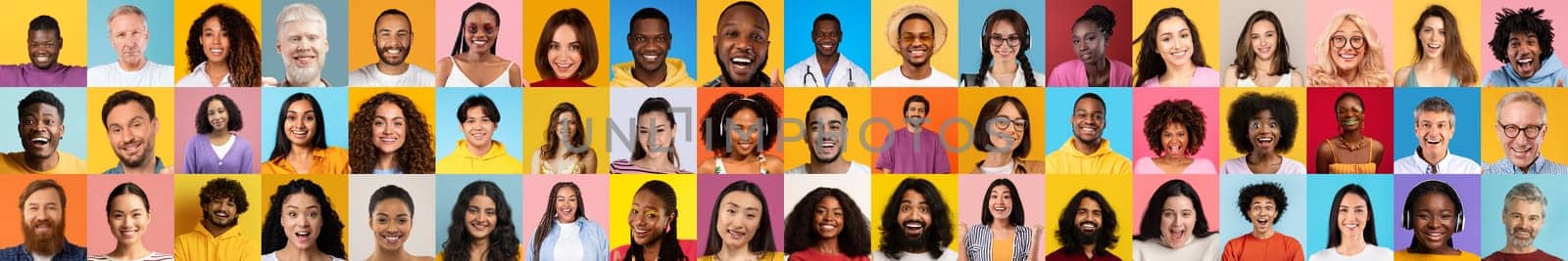 A vibrant collage of diverse people smiling in front of colorful backgrounds. This collection highlights the beauty of diversity and the joy of different lifestyles and identities.