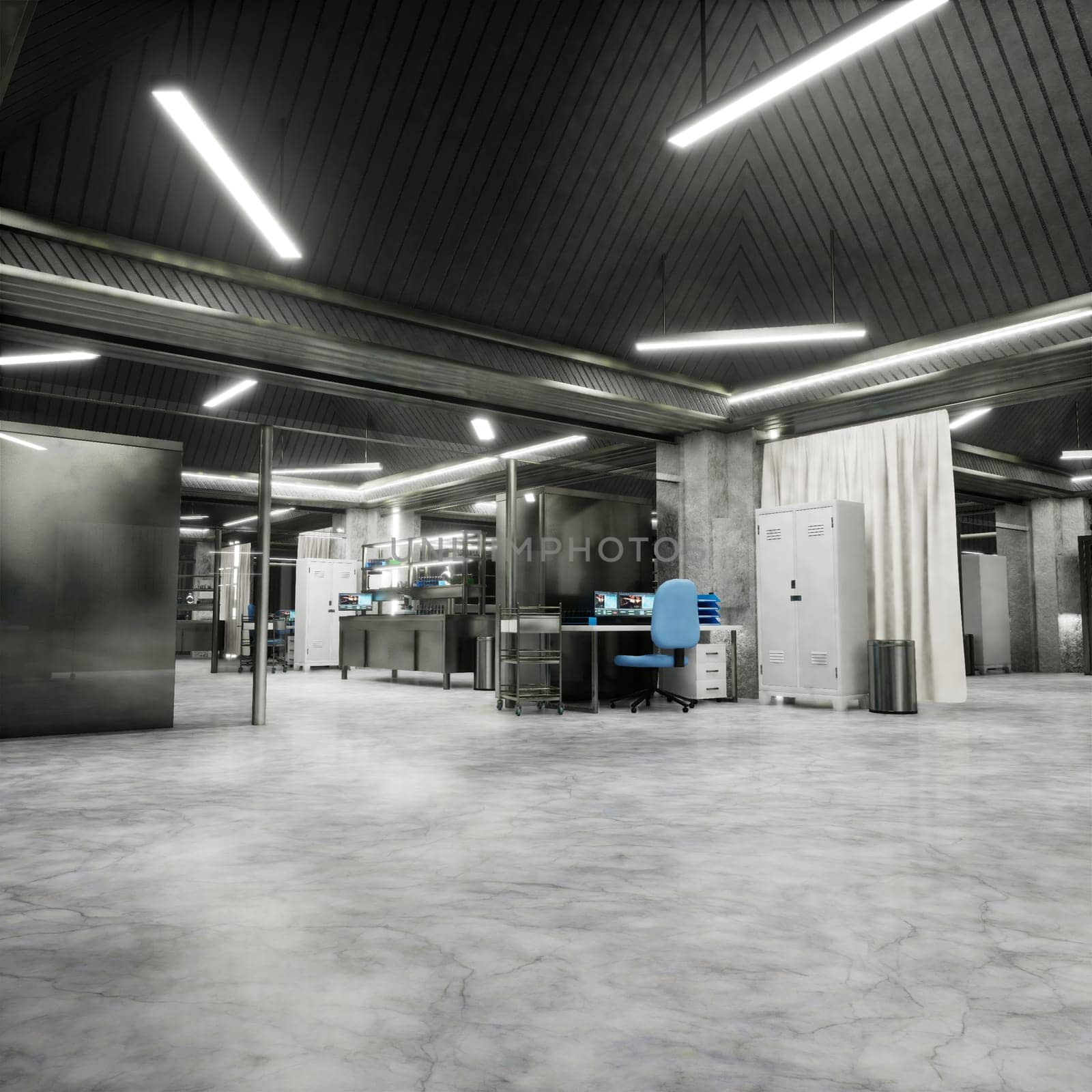Advanced diagnostic lab with metallic equipment and illuminated ceiling panels in sterile testing environment. Clean healthcare space used for high precision experiments and lab workflows, 3D render