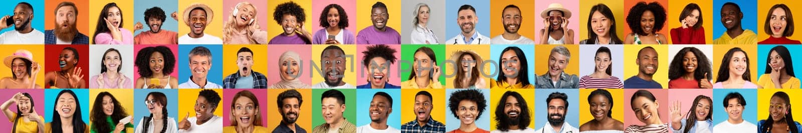 This collage features a collection of diverse individuals expressing joy and connection against colorful backgrounds.