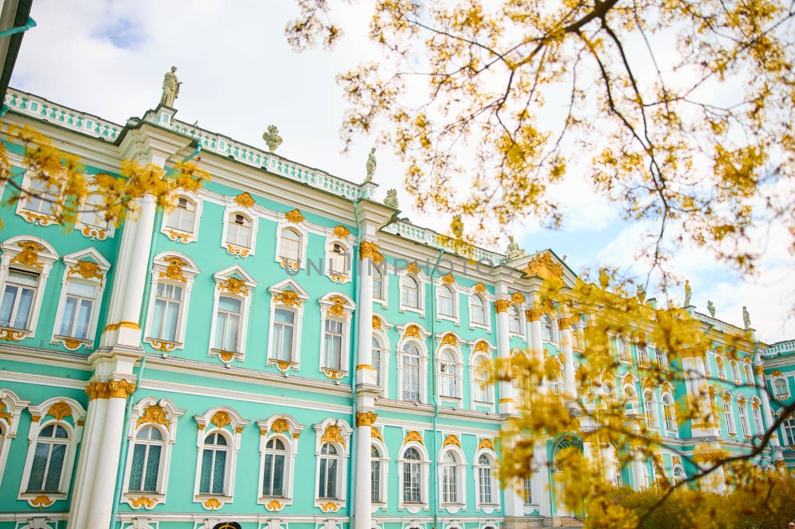 the incredibly picturesque facade of the Winter Palace through the branches of trees on a clear spring day, the heritage of Russia, the most famous landmark of St. Petersburg, the museum. High quality photo