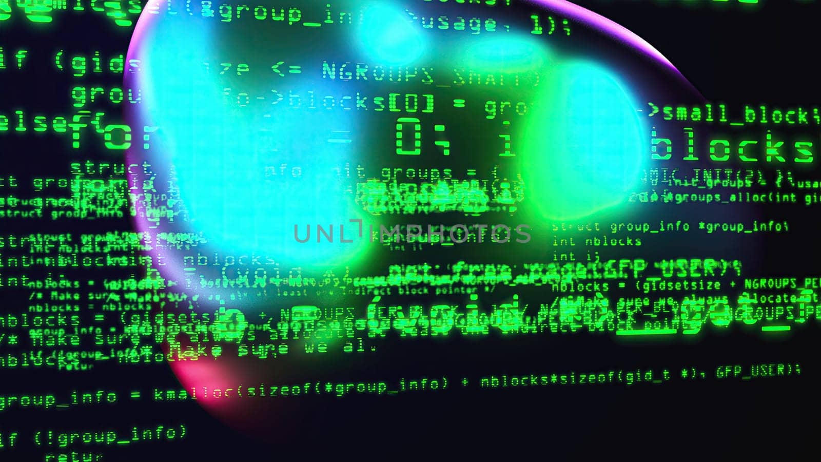 Programming code with metaballs. Computer generated 3d render