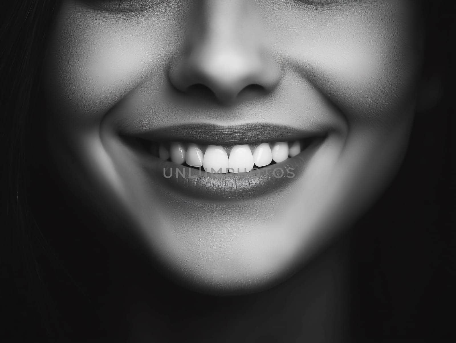 A woman with a big smile on her face. Her teeth are visible and she is wearing lipstick