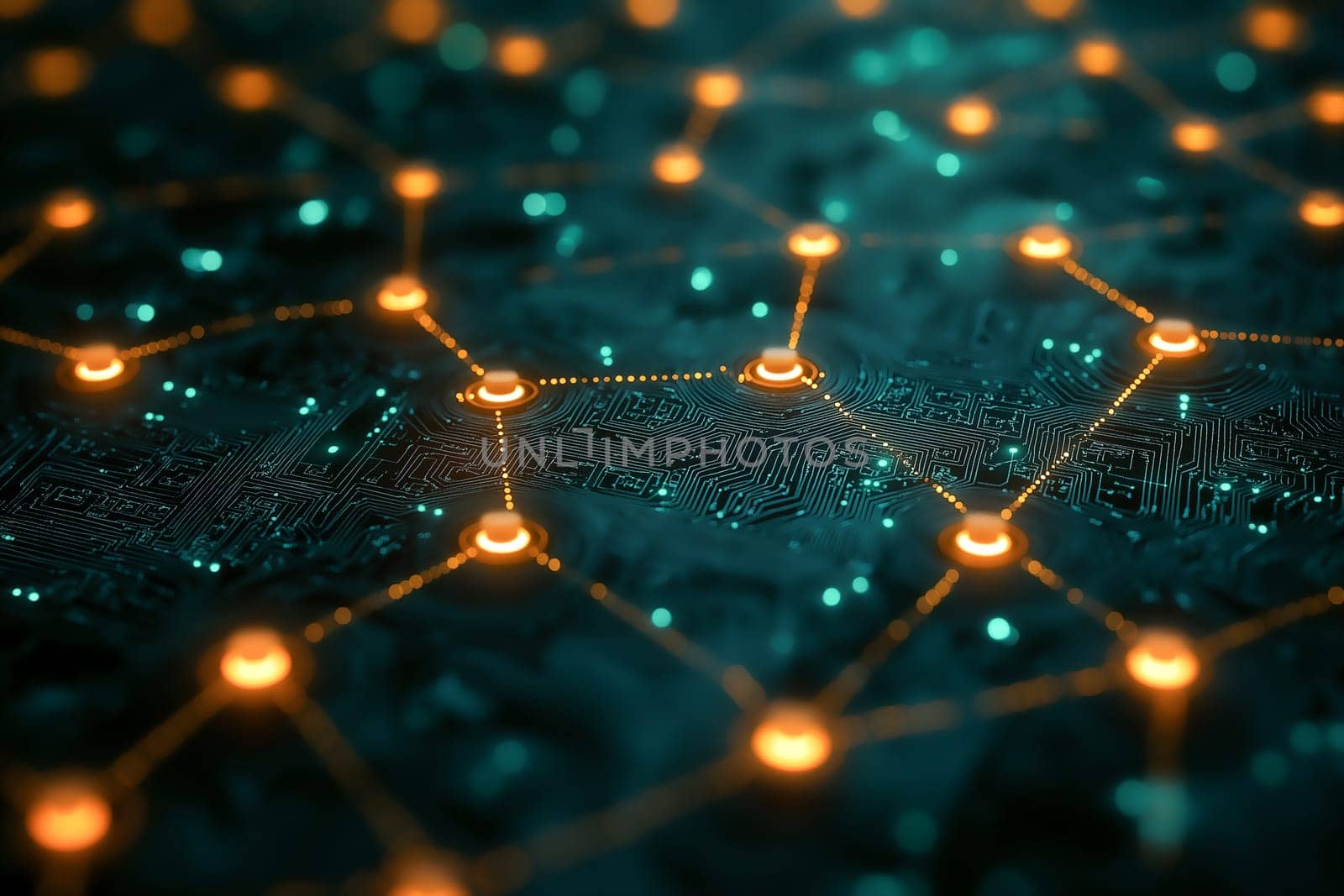 A computer chip with a network of orange and blue dots. Concept of complexity and interconnectedness