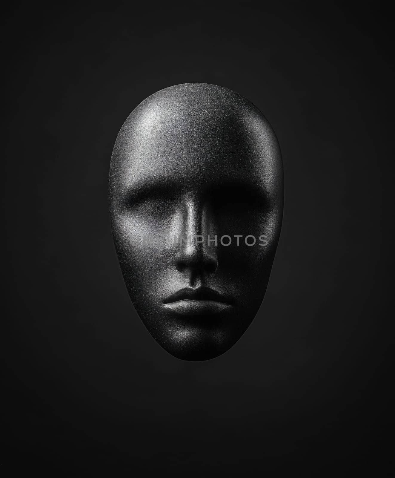 A black face with a black nose and mouth. The face is made of plastic and is very detailed
