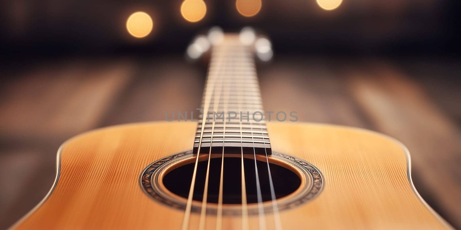 A close up of a guitar with a dark background. The guitar is the main focus of the image