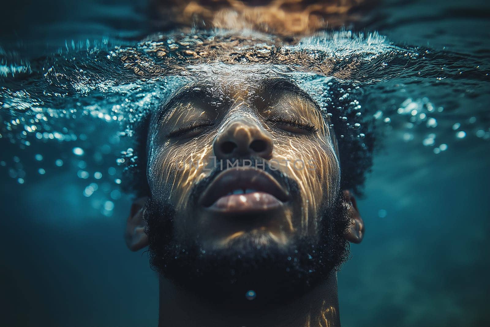 A man is swimming underwater with his face showing. The man is looking up at the camera. The water is clear and calm