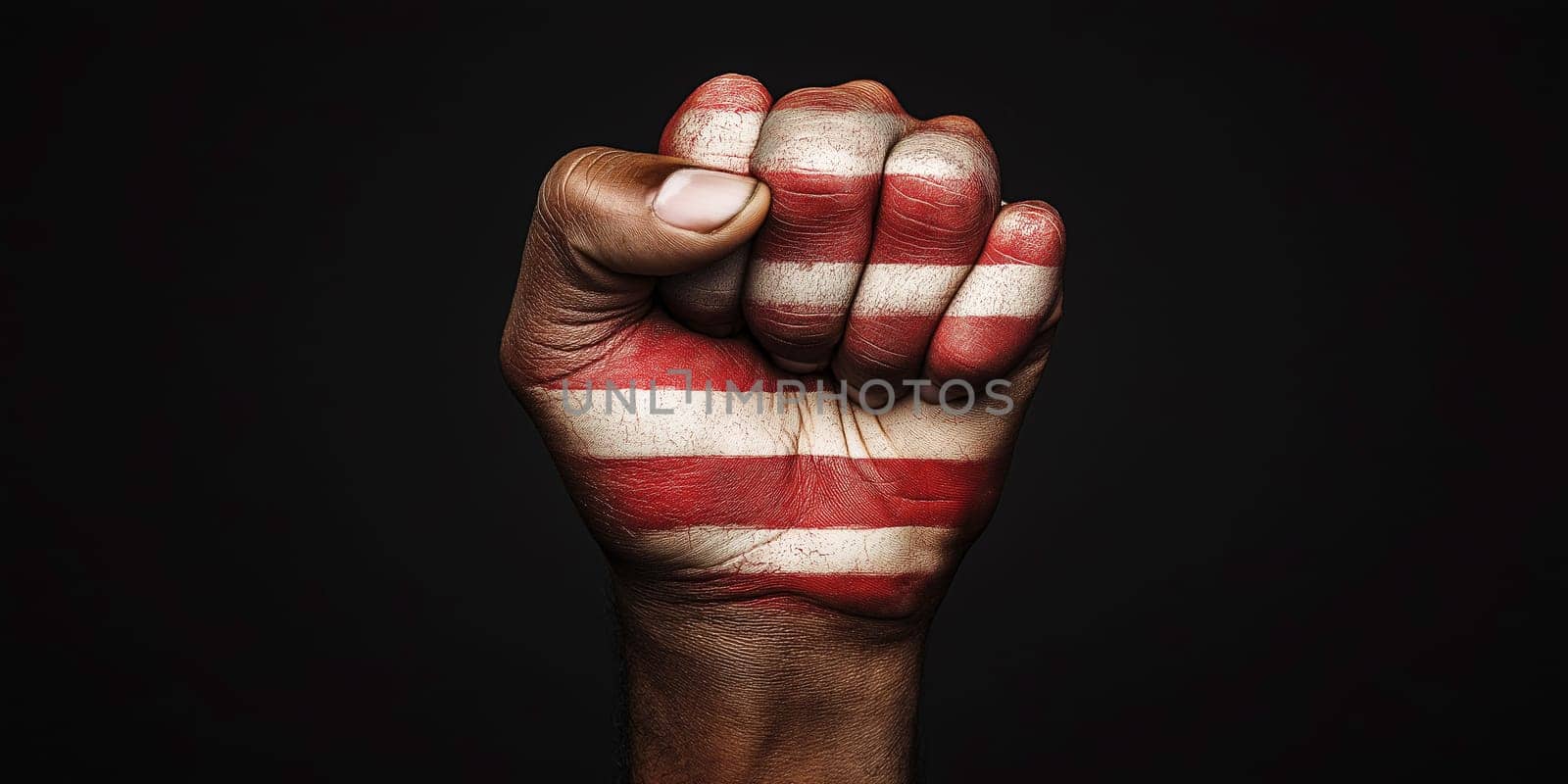 A hand with a red, white, and blue striped fist. The hand is painted with the stripes of the American flag