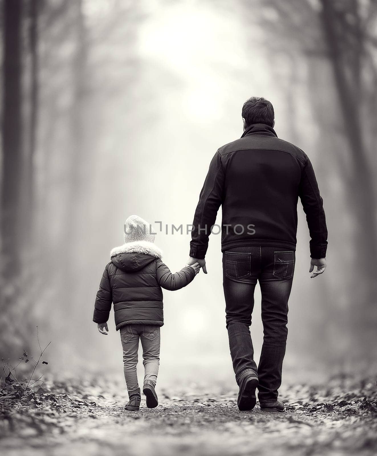 A man and a child are walking together in a forest. The man is holding the child's hand, and they seem to be enjoying their time together. Concept of warmth and companionship between the two