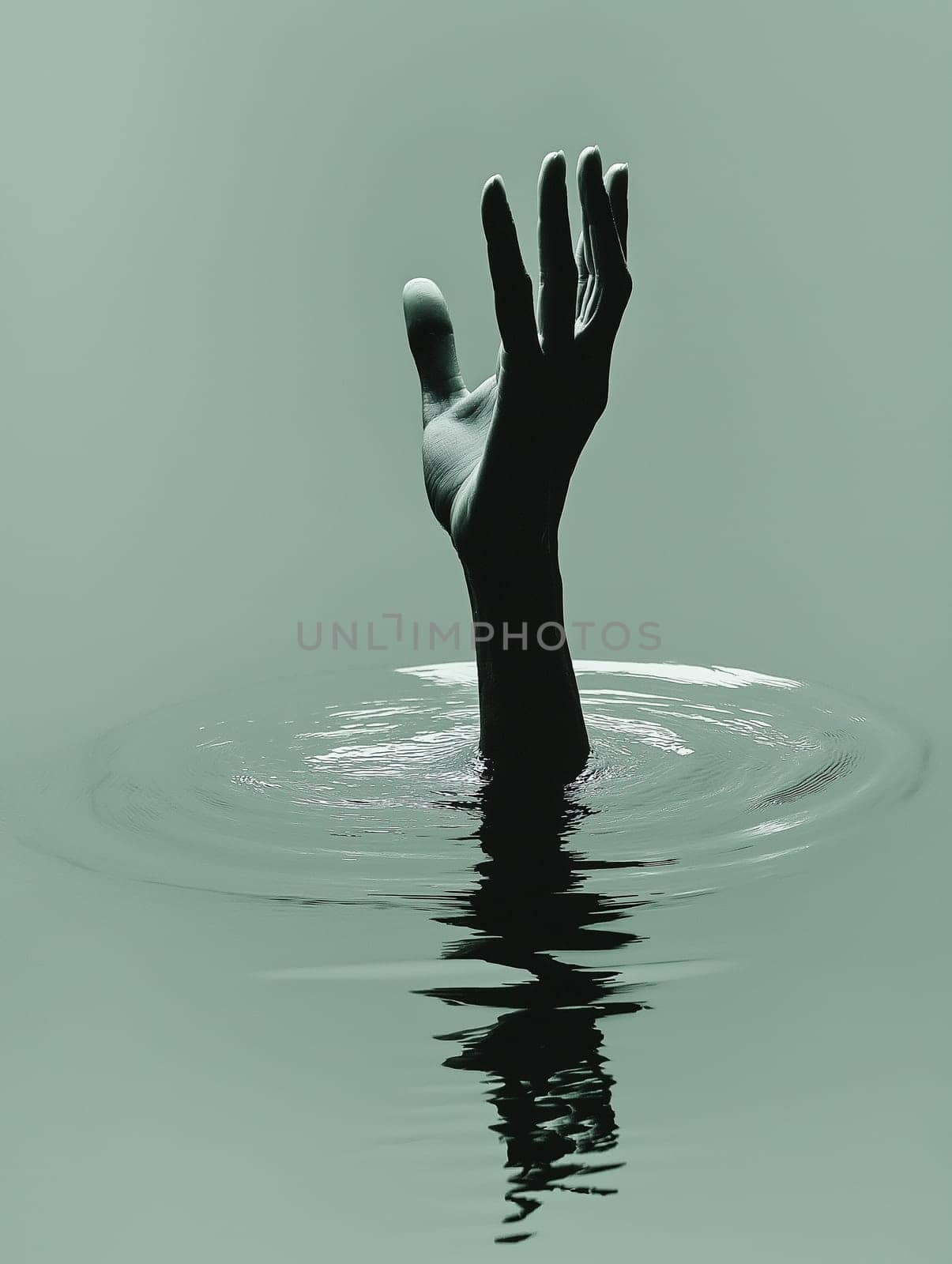 A hand is in the water, with its fingers spread out. The water is calm and still, with ripples forming around the hand. Concept of loneliness and isolation, as the hand is alone in the water