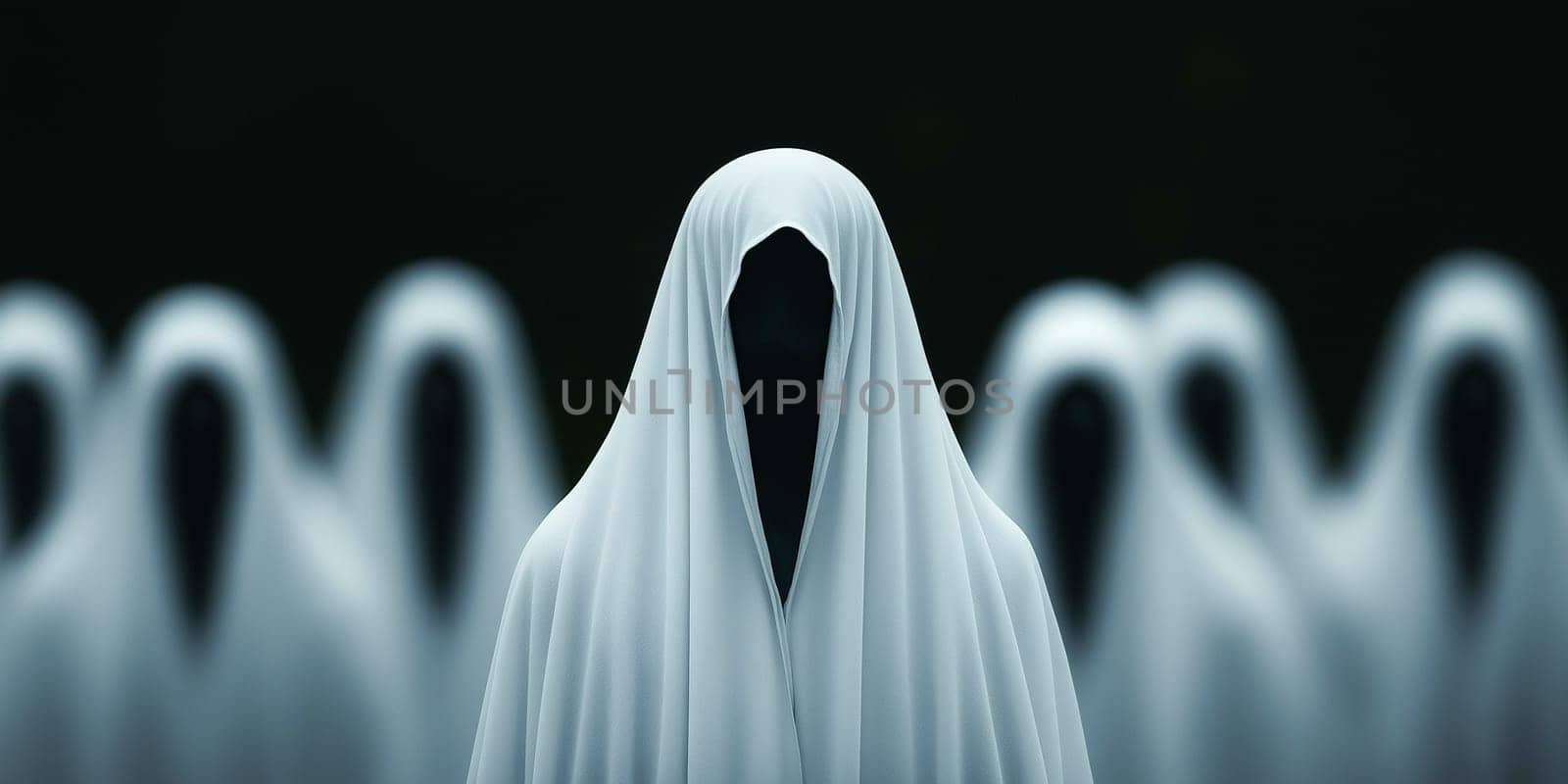 A group of people are dressed in white robes and hoods, with one person standing out in the center. The image has a spooky and eerie mood, with the white robes