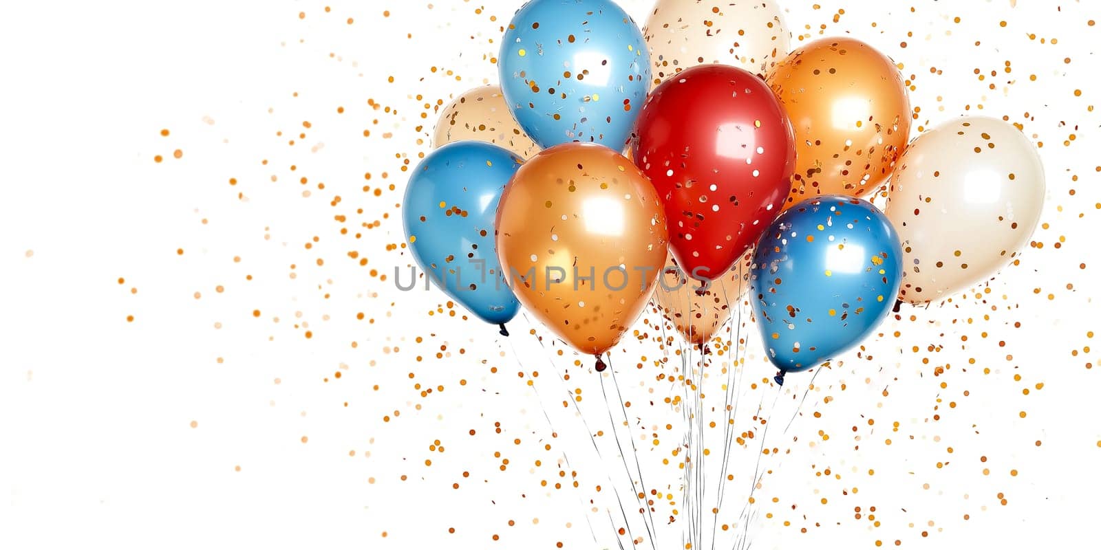 A bunch of colorful balloons with confetti falling around them. The balloons are in various colors, including red, blue, and yellow. The confetti adds a festive and celebratory atmosphere to the scene